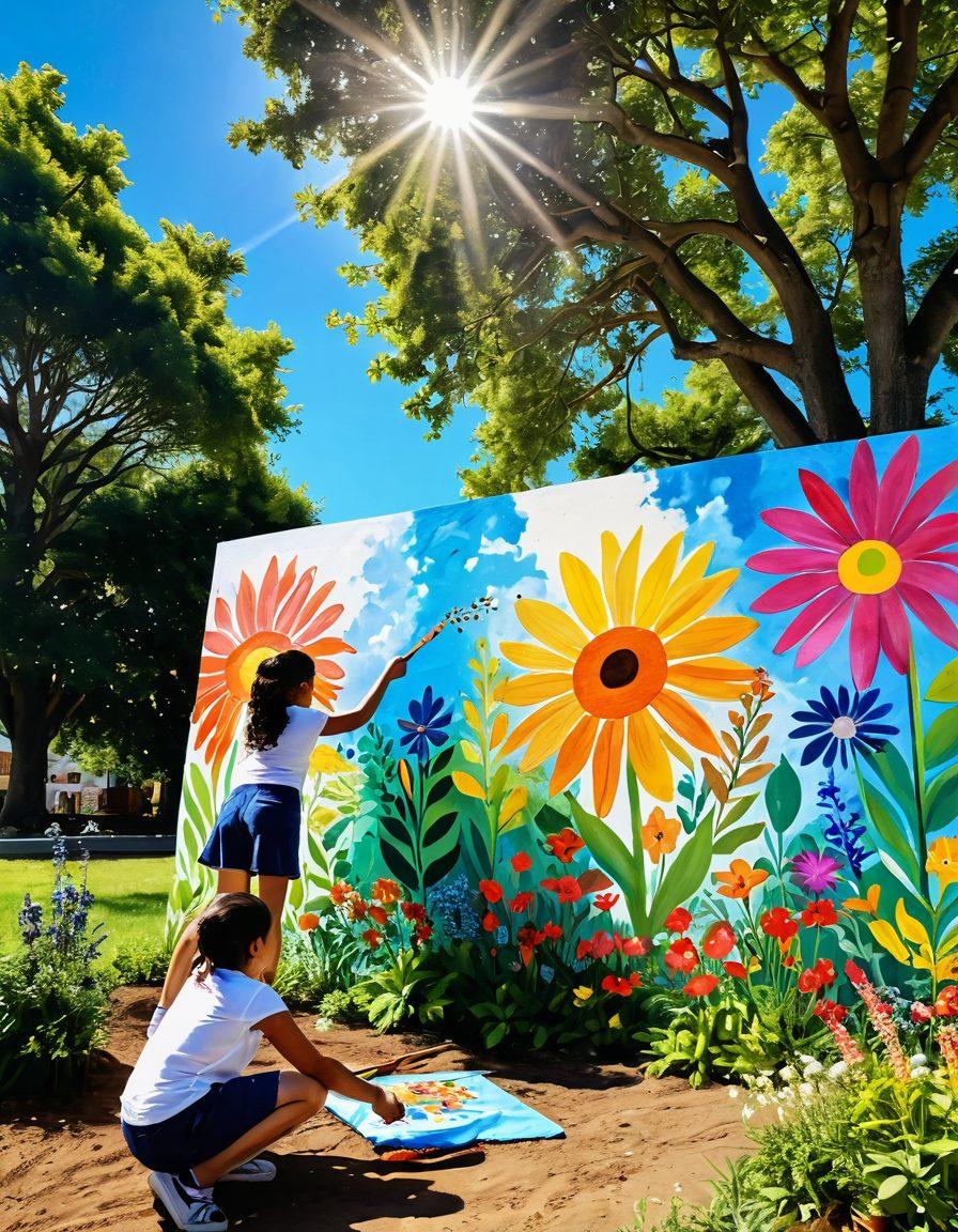 A vibrant artist painting a large mural of colorful flowers and trees, surrounded by smiling children planting seeds in a lush green park. Sunlight filtering through the leaves, creating a warm and joyful atmosphere. Eco-friendly art supplies scattered around, signifying the fusion of creativity and sustainability. Bright blue sky above, enhancing the hopeful vibe. super-realistic. vibrant colors. organic textures.
