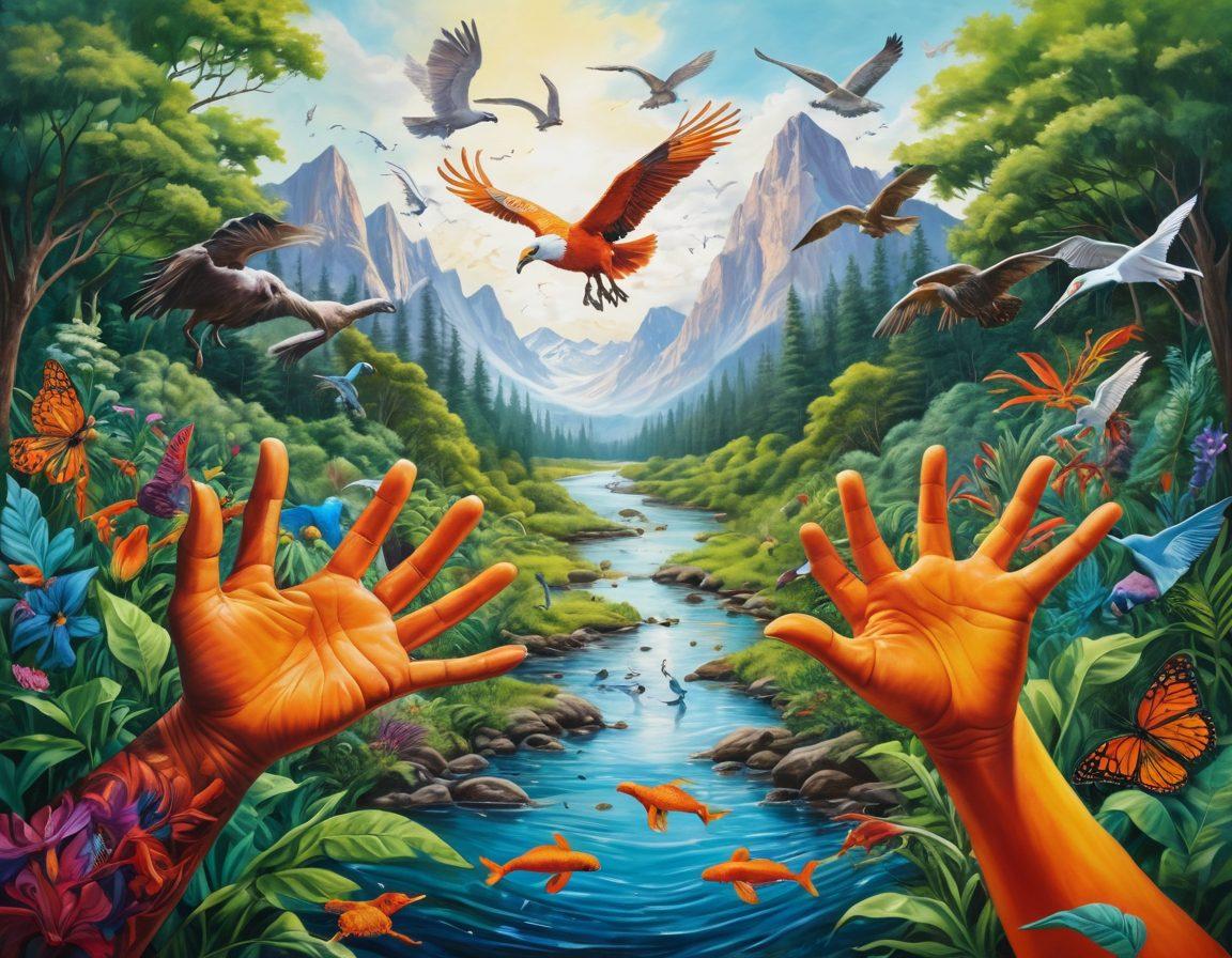 A powerful fusion of vibrant nature and art, showcasing a mural depicting endangered species intertwined with elements of pollution, symbolizing the fight for ecological preservation. Bright colors and expressive brushwork highlight the urgency of activism, with hands of diverse individuals painting together in harmony. The artwork opens up to a lush green environment, merging reality with creativity. An atmosphere of hope flows through the composition, inviting viewers to engage in the dialogue of art and environment. super-realistic. vibrant colors. white background.