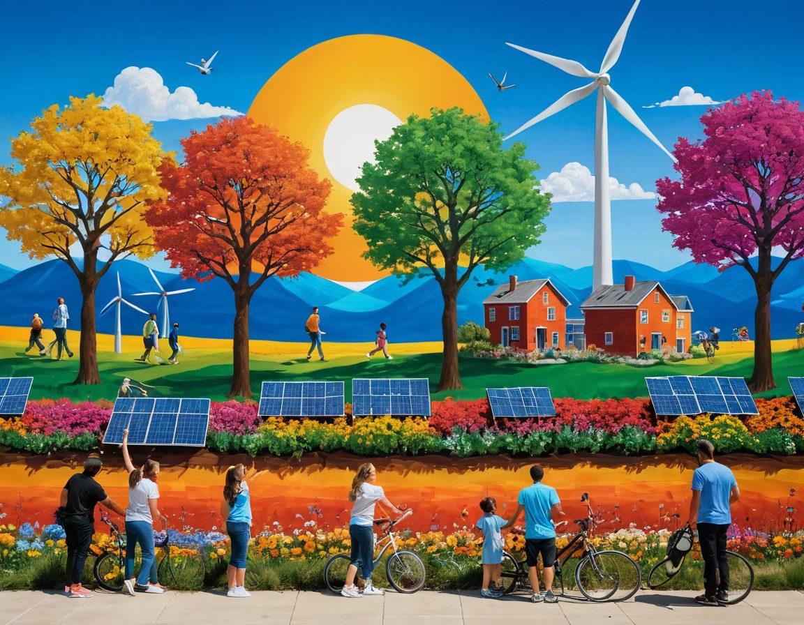 A vibrant mural depicting a diverse group of people planting trees and recycling, surrounded by colorful flowers and sustainable energy symbols like wind turbines and solar panels. The scene is filled with warm, uplifting colors to evoke hope and positivity. The sky is bright and sunny, symbolizing a bright future. super-realistic. vibrant colors. uplifting atmosphere.